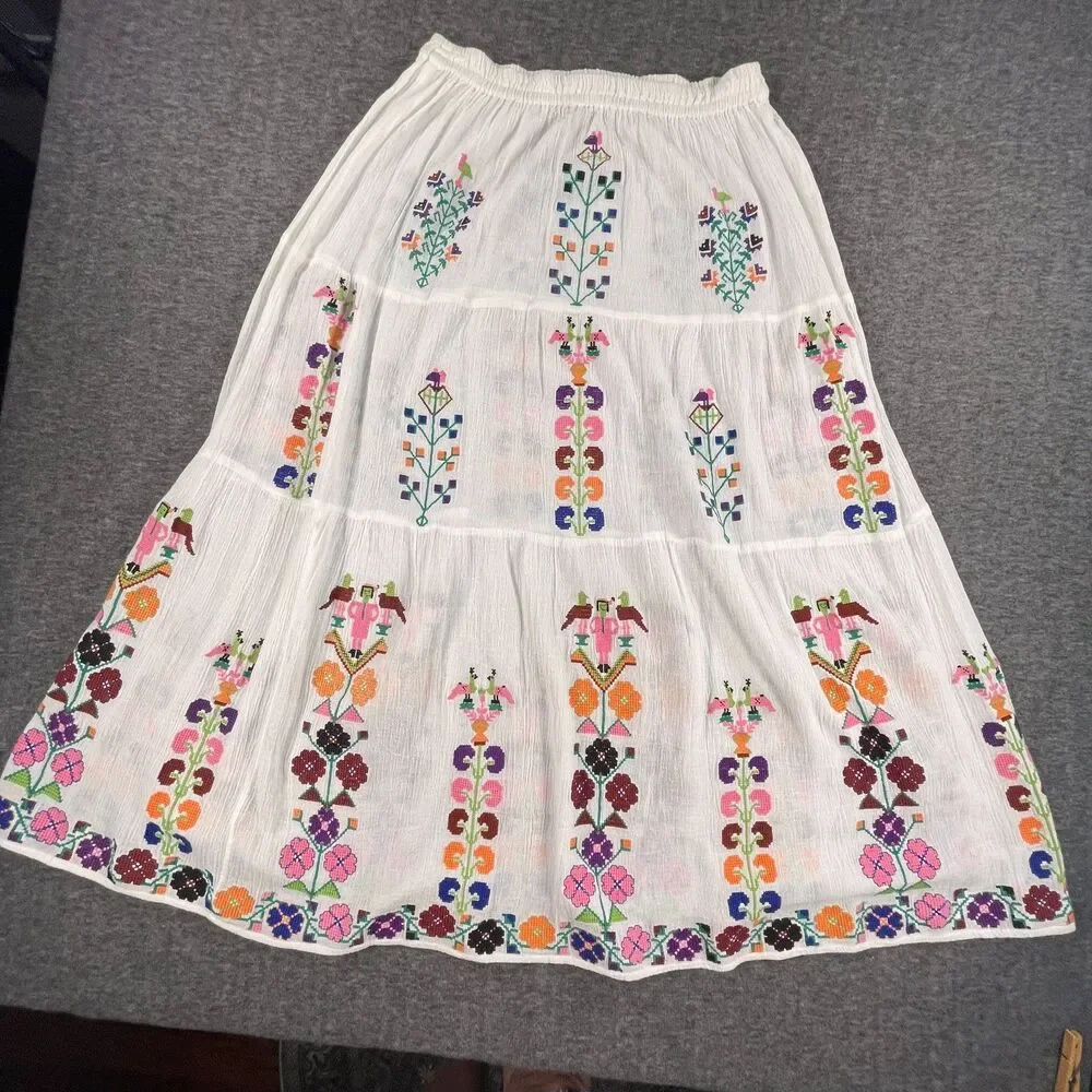 Melissa Odabash Pixi Maxi Skirt White Embroidered Cotton Size M Rare Sample Boho - Picture 10 of 11